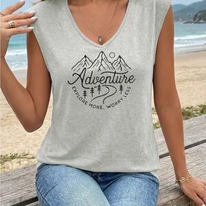 Adventure Graphic V-Neck Sleeveless Top - Light Gray